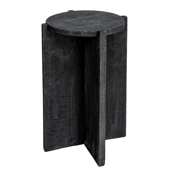 Storied Home 13.35 in. Large Black Smooth and Glossy Finish Round Paulownia Wood End Table