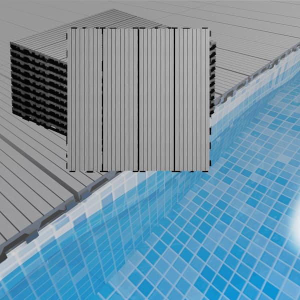 ARK DESIGN 1 ft. x 1 ft. x 0.8 in. Waterproof Slat Composite Deck Tile 10-Piece for Patio Garden Poolside in Black Grey(10 sq. ft.)