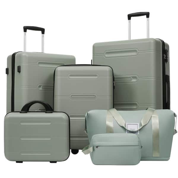 6-Piece Light Green ABS Hardshell Spinner 20/24/28 Luggage Set with 14 in. Cosmetic Case, Duffel Bag, Toiletry Bag