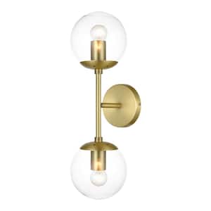 Zeno Globe 2-Light Wall Sconce in Brushed Brass/Clear