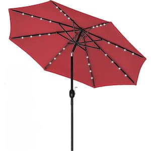 9 ft. Steel Push Button Tilt and Crank 32-LED Lighted Patio Umbrella Table Market Umbrella in Red for Garden, Deck, Pool