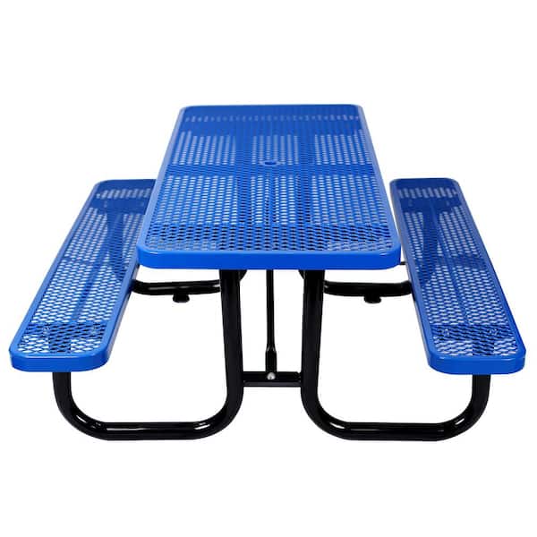 Angel Sar 72 in. Blue Rectangular Outdoor Steel Picnic Table with Umbrella Hole
