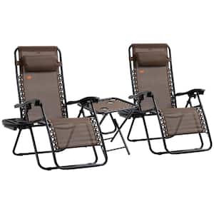3-Piece Brown Metal Folding Zero Gravity Reclining Chair with Side Table, Cupholders and Pillows for Pool, Lawn, Beach