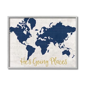 "He's Going Places Phrase Blue World Map" by Sue Schlabach Framed Travel Wall Art Print 11 in. x 14 in.