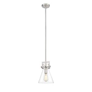 Newton Cone 1-Light Brushed Satin Nickel Shaded Pendant Light with Clear Glass Shade