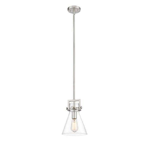 Newton Cone 1-Light Brushed Satin Nickel Shaded Pendant Light with Clear Glass Shade