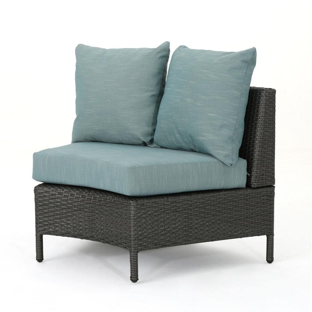 Gray Iron 8-Seater Round Wicker Sectional Sofa with Teal Cushions