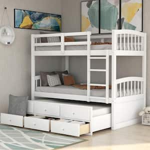 White Twin Bunk Bed with Ladder, Safety Rail, Twin Trundle Bed with 3-Drawers for Teens Bedroom, Guest Room Furniture