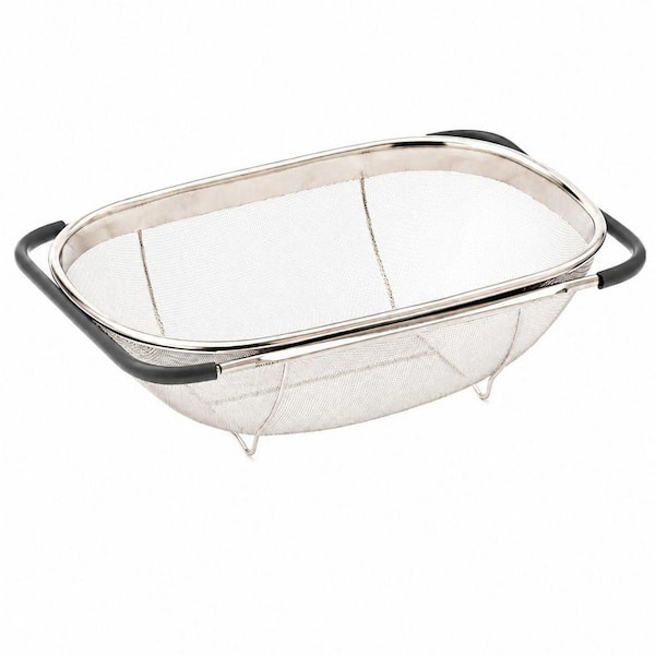 Stainless Steel Fine Mesh Over the Sink Colander, 6 qt. Gray Oval Strainer with Expandable Rubber Grip Handles