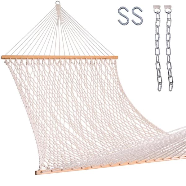 141 x 57 in. Hand Woven Cotton Hammock, 12FT Double Rope Hammock with Spreader Bar, Beige
