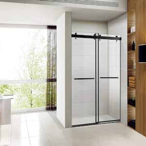 59 in. W x 76 in. H Double Sliding Frameless Shower Door in Matte Black with Clear Glass