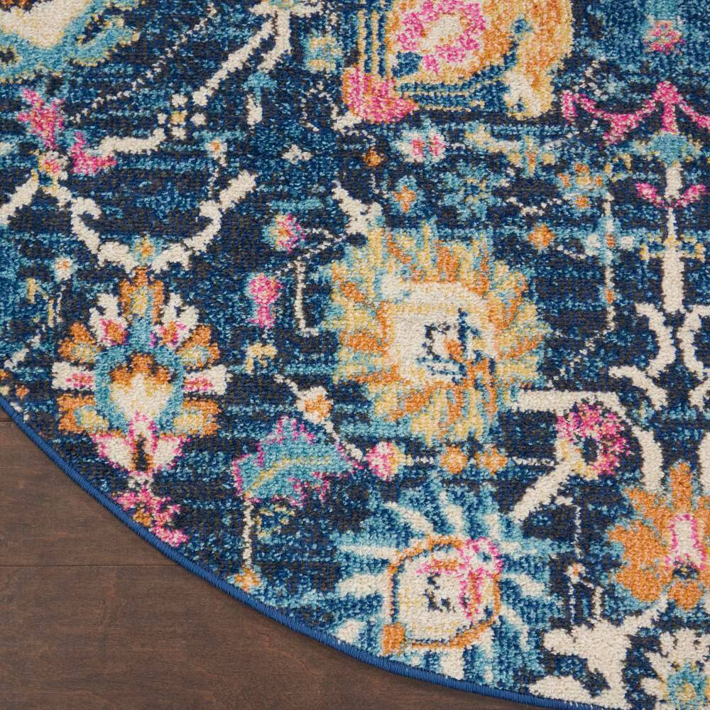 Bohemian Navy Floral Round Synthetic Area Rug - 5'3"