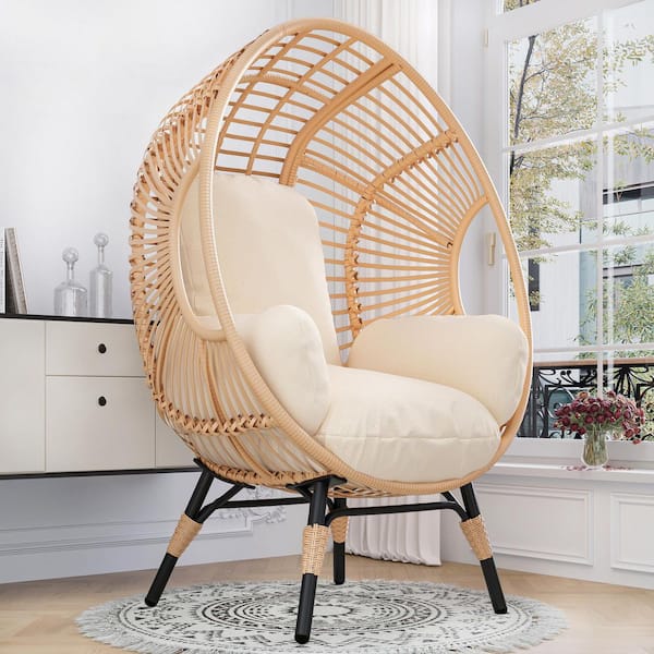Natural PE Wicker Weaving Outdoor Egg Lounge Chair with Beige Cushion
