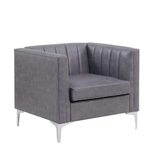 Channel Tufted Gray Faux Leather Armchair for Living Room Office Accent Chair with Metal Leg