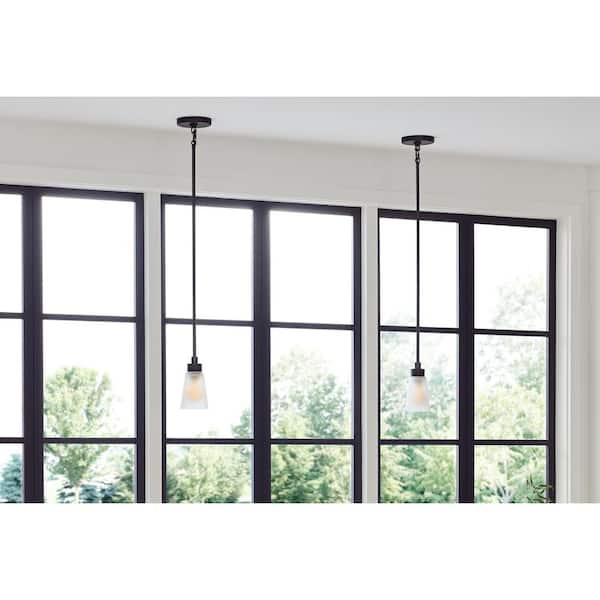 Erma 7.5 in. 1-Light Black Shaded Traditional Kitchen Mini Pendant Light with Satin Etched Glass