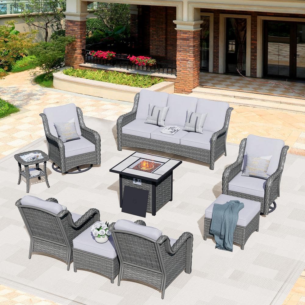 HOOOWOOO Oreille Gray 9Piece Wicker Outdoor Firepit Patio Conversation