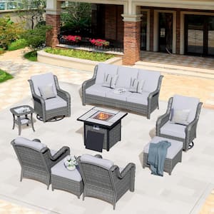 Oreille Gray 9-Piece Wicker Outdoor Firepit Patio Conversation Sofa Set with Swivel Rockers and Light Gray Cushions