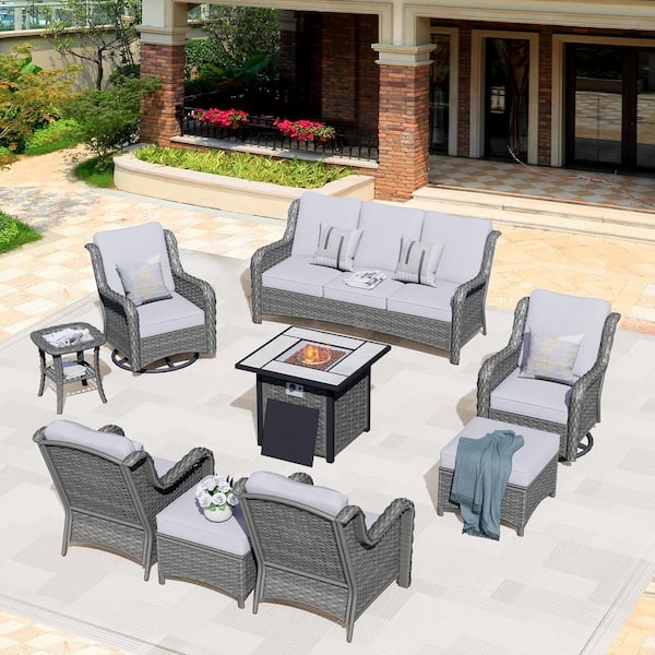 HOOOWOOO Oreille Gray 9-Piece Wicker Outdoor Firepit Patio Conversation Sofa Set with Swivel Rockers and Light Gray Cushions