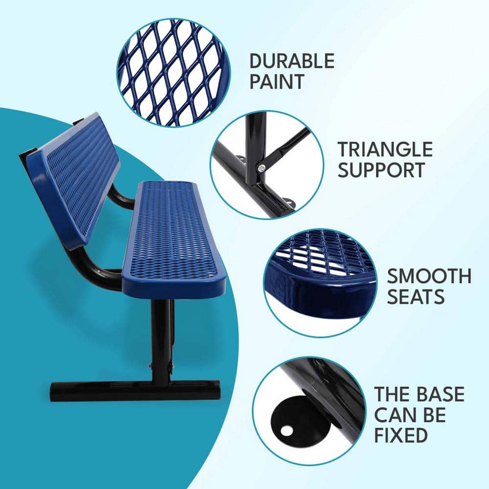 6 ft Blue Steel Outdoor Bench with Mesh Backrest