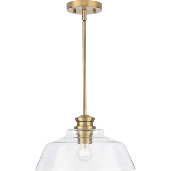 Singleton 1-Light 14 in. Vintage Brass Medium Pendant Light with Clear Glass Shade