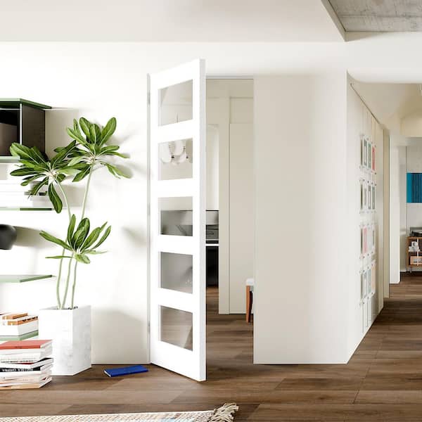 30 in. x 80 in. 5 Lite, Clear Glass, White Composite MDF Prehung Interior Door Left-Handed with Jamb and Hardware Kit