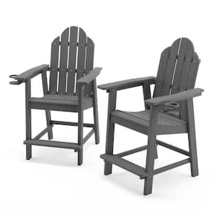 All Weather Plastic Composite Outdoor Bar Stool Adirondack Arm Chairs with Cup Holder-Gray(set of 2)