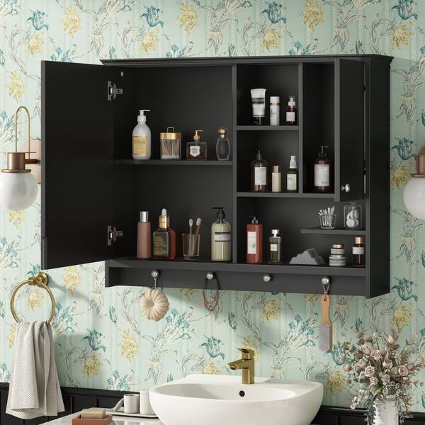 FAMYYT 36 in. W x 28 in. H Black Rectangular Wall Mounted
