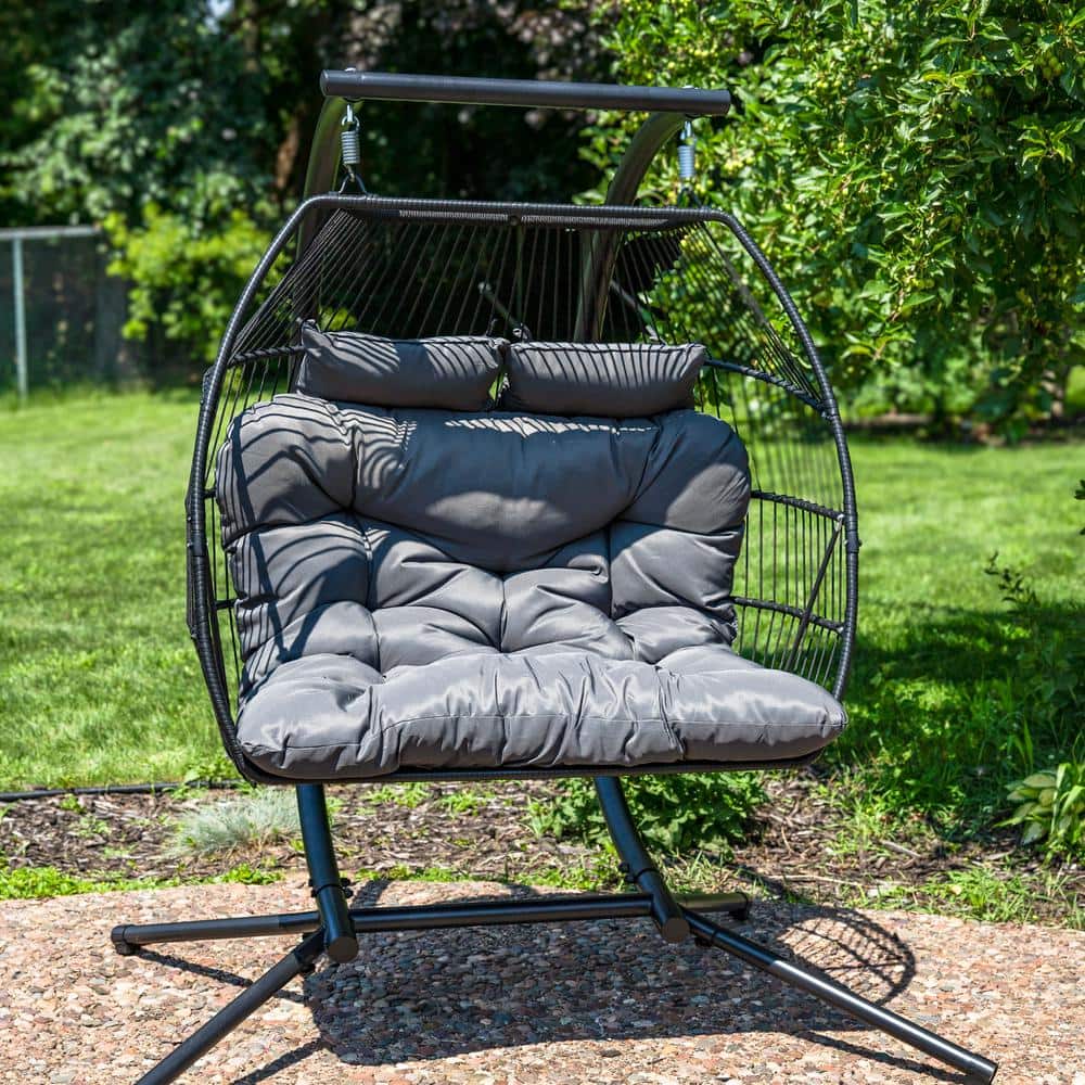 Dark Gray Polyrattan Double Hanging Egg Chair with Cushions