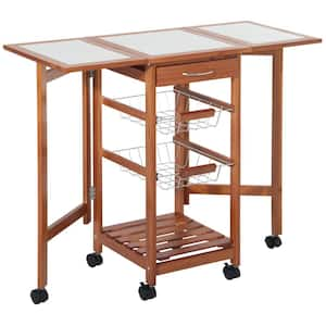 Brown Wood 35.75 in. W Kitchen Island With Drop Leaf, Rolling Cart With Basket Storage