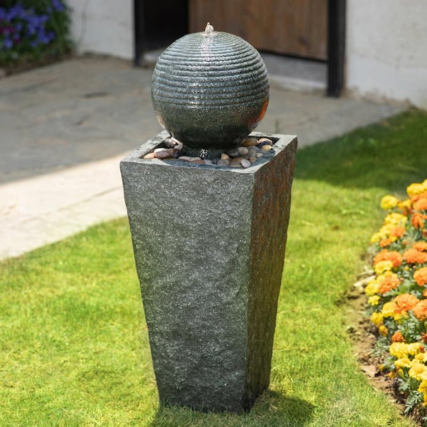 Glitzhome 31.75 in. H Polyresin Rippling Floating Sphere Pedestal Outdoor Fountain With Pump and LED Light (KD)