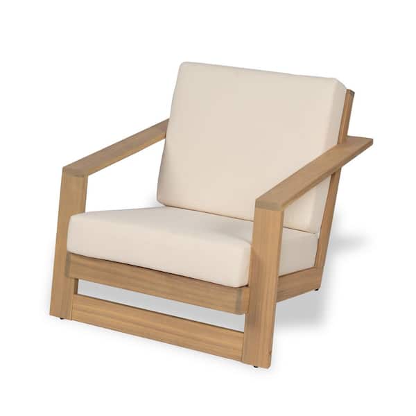 CHRISTOPHER KNIGHT HOME Yvonne Modern Solid Wood Patio Outdoor Lounge Chair with Beige Cushions, Angled Seat Design, Light Teak