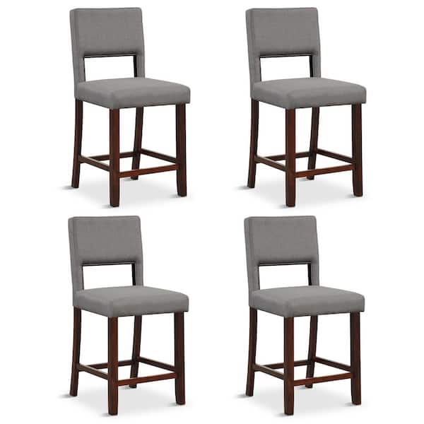 Gymax 4-Pcs 24.5 in. Grey Linen Fabric Counter Height Bar Stool Set withBack and Rubber Wood Legs