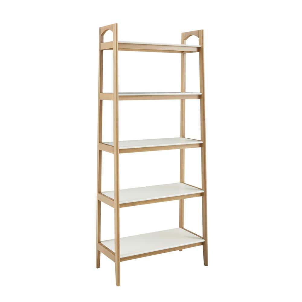 Parker Mid-Century Solid Wood and MDF Ladder Bookcase in Off-White/Natural