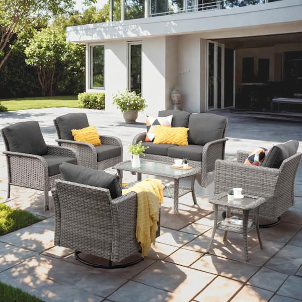 XIZZI Camellia 7-Piece Wicker Patio Conversation Seating Sofa Set with Black Cushions and Swivel Rocking Chairs