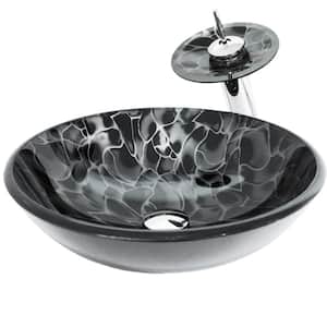 Tartaruga Black Glass Round Vessel Sink with Faucet and Drain in Chrome