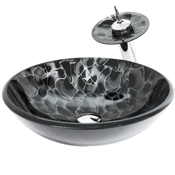 Novatto Tartaruga Black Glass Round Vessel Sink with Faucet and Drain in Chrome