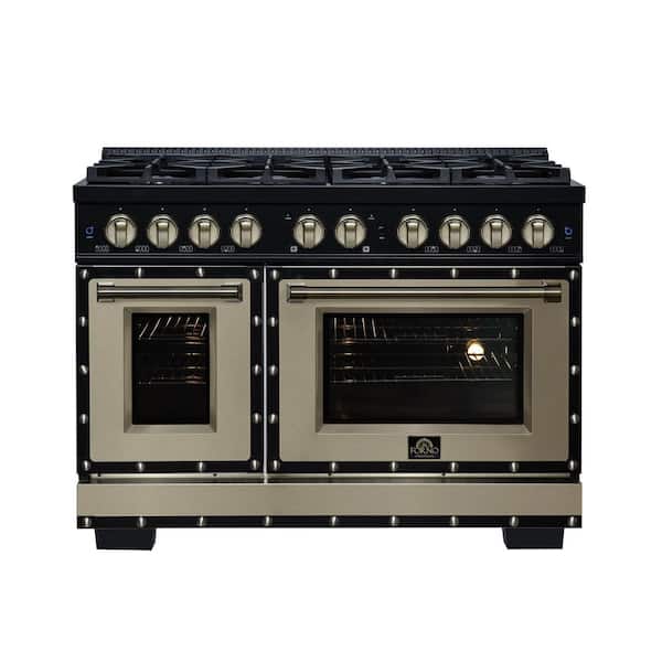 Valente 48 in. Double Oven Gas Range in Black, 8 Burners