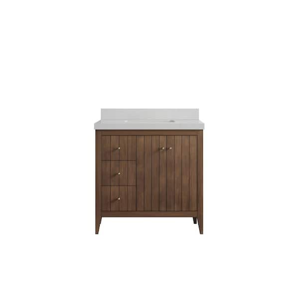 Willow Collections Atlanta Teak 36 in. W x 22 in. D x 36 in. H Right Sink Bath Vanity in Dark Natural with 2 in. Carrara qt. Top