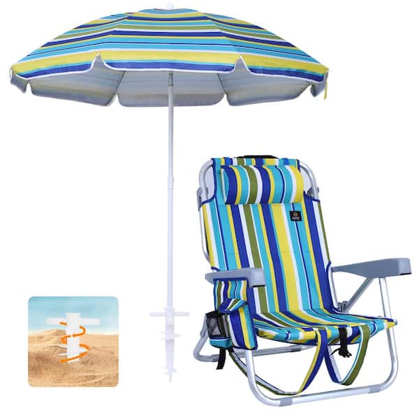 MUKE Backpack Beach Chair, Striped Beach Chair with Umbrella, Reclining Beach Chairs for Adults with Cooler (1-Pack)
