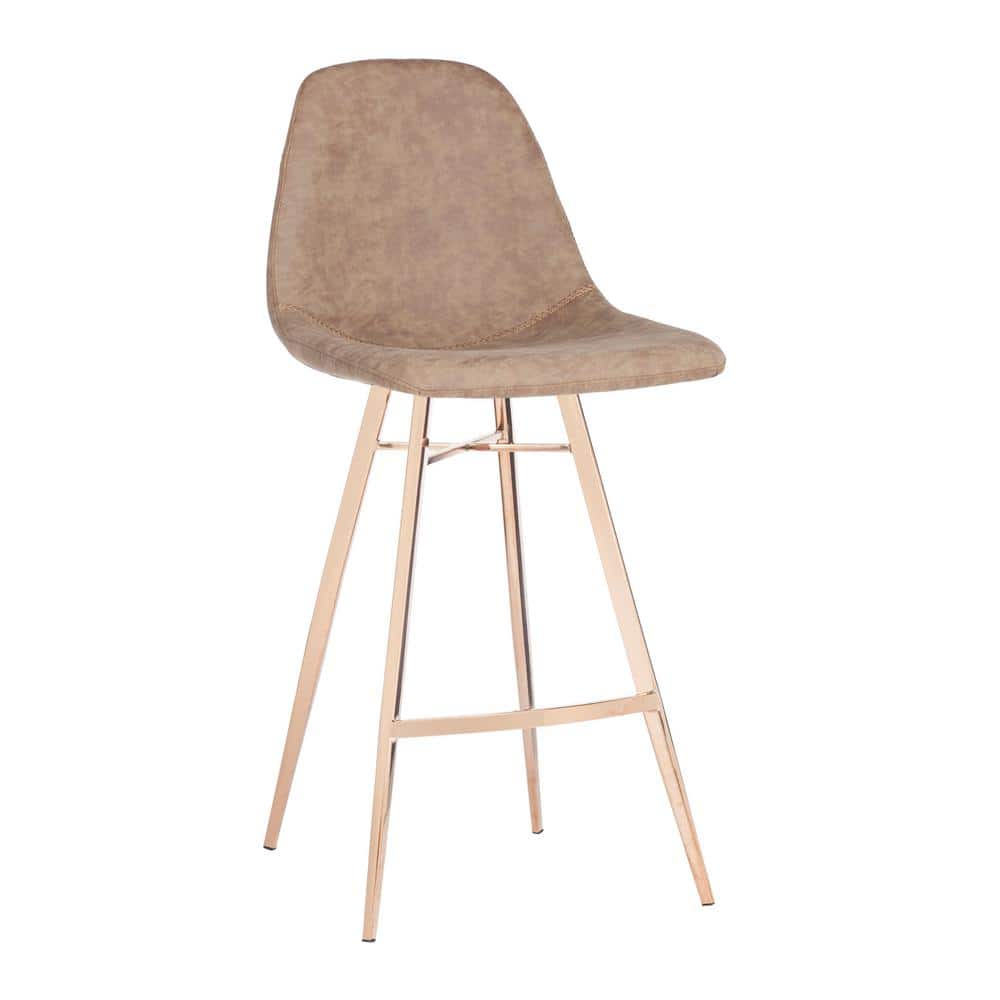 Mid-Century Brown Faux Leather Counter Stool with Copper Legs