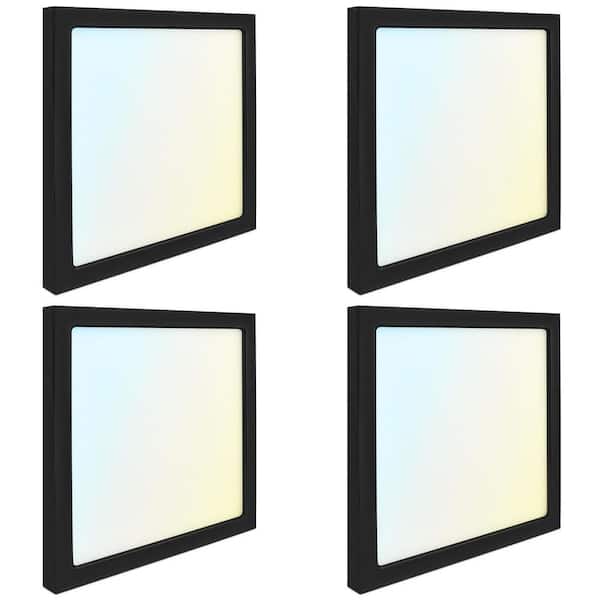 LUXRITE 9 in. Black Modern Square LED Flush Mount Ceiling Light Integrated 18-Watt 1250LM 5CCT 2700K to 5000K Dimmable (4-Pack)