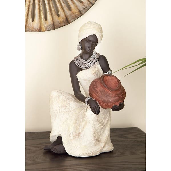 Litton Lane Cream Polystone Sitting African Woman Sculpture with Red Water Pot