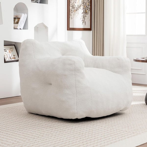 Modern White Teddy Polyester Stuffed High-Density Foam Bean Bag Chair With Armrests