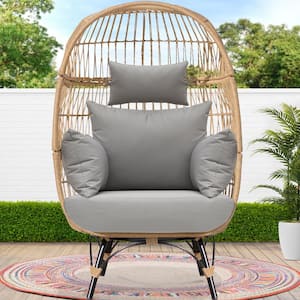 Beige Stationary Patio Wicker Ourdoor Indoor Lounge Egg Chair with Light Gray Cushions 440 lbs. Weight Capacity
