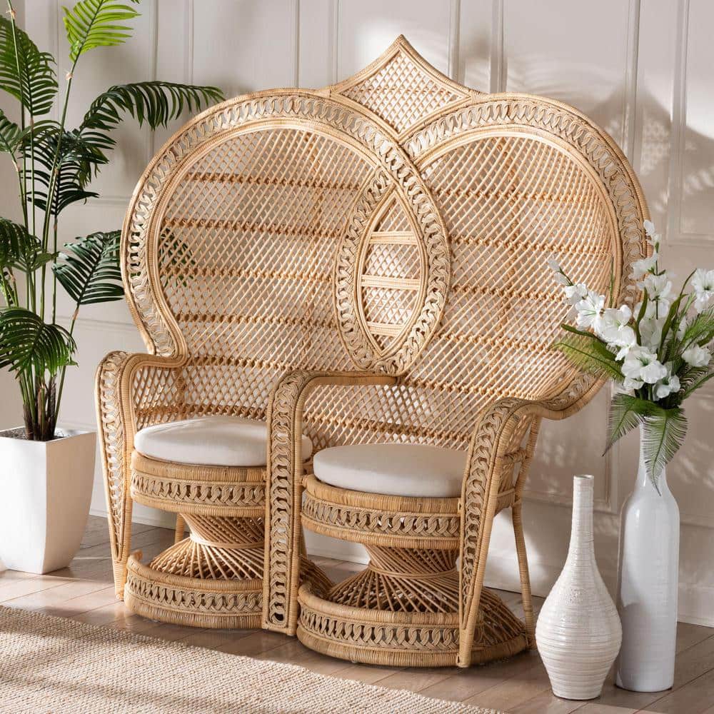 Handcrafted Bohemian Natural Brown Rattan Two-Seater Peacock Chair