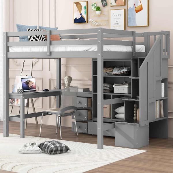 Gray Full Size Wood Loft Bed with L-Shaped Desk and Drawers, Cabinet and Storage Staircase