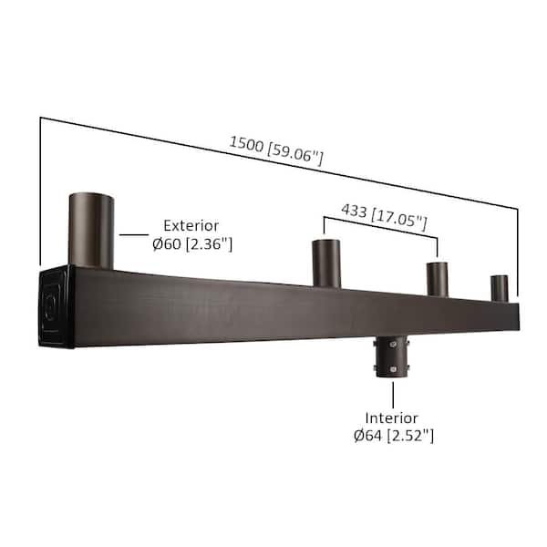 64 in. 180-Degree Quad In-Line Low Profile Bullhorn Mounting Bracket Tenon Adapter for Round Outdoor Pole Lights