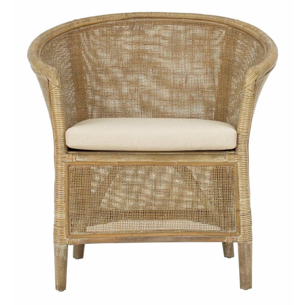 Transitional Whitewashed Rattan Armchair with Off-White Linen Cushion
