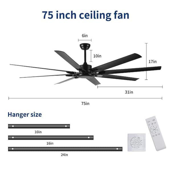 75 in. W Indoor/Outdoor Large Black Ceiling Fan with Remote and Wall Control, 6-Speeds Reversible DC Motor, No Light