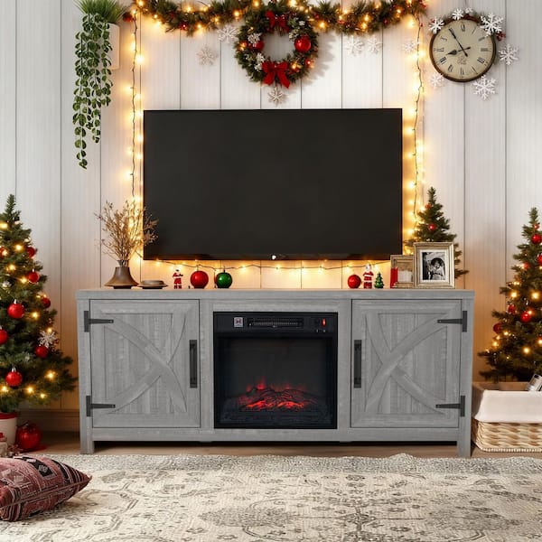 Farmhouse 58 in. Freestanding Media Console Electric Fireplace TV Stand in Light Gray